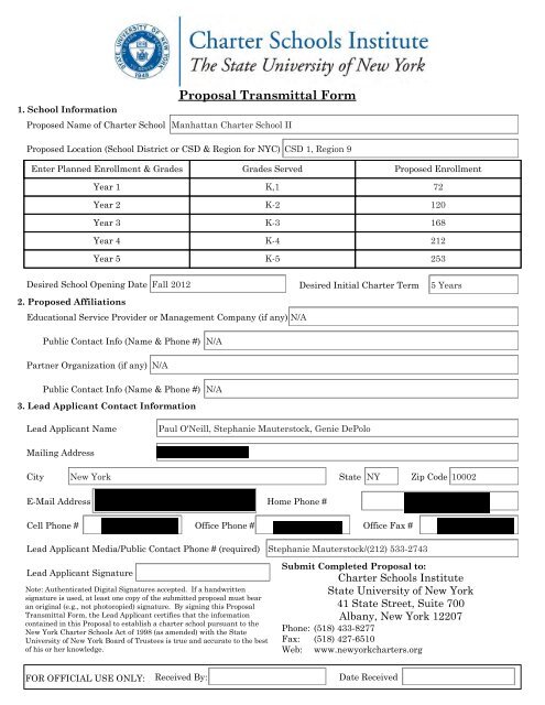 Proposal Transmittal Form Newyorkcharters Org