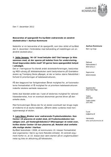 Aarhus Kommune Den 7. december 2012 Besvarelse af spÃ¸rgsmÃ¥l ...