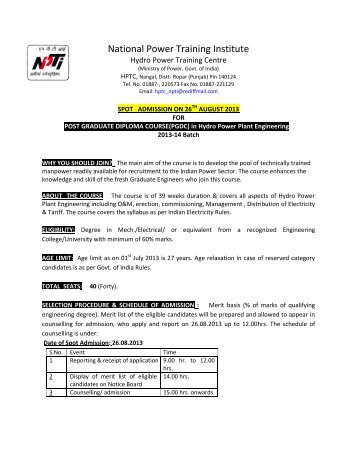 Spot Admission notice for Post Graduate Diploma ... - NPTI (Nangal)
