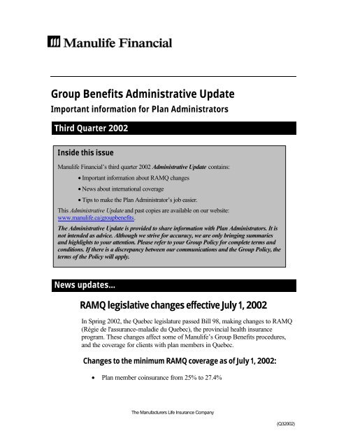 Group Benefits Administrative Update Manulife Manulife Financial