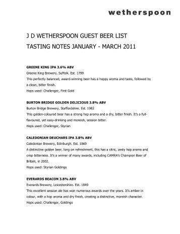 jd wetherspoon guest beer list tasting notes january ... - Real Ale