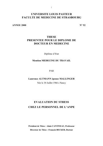 Evaluation du stress chez le personnel de l'ANPE - Alsace santÃ© au ...