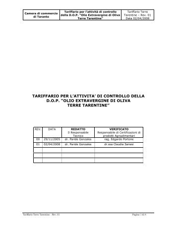 Tariffario D.O.P. Terre Tarentine - Camera di commercio di Taranto