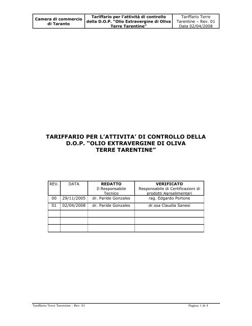 Tariffario D.O.P. Terre Tarentine - Camera di commercio di Taranto