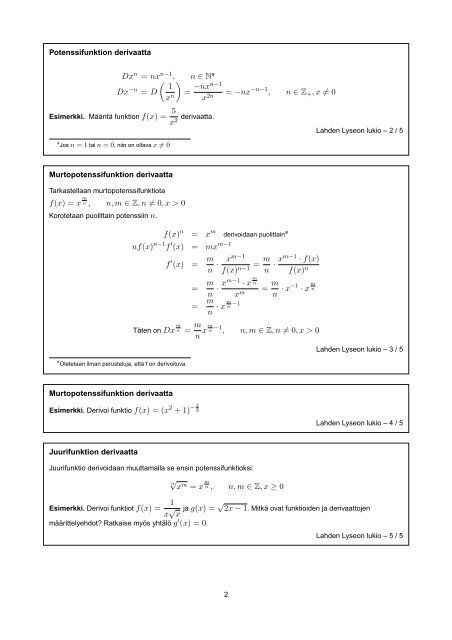 Murtopotenssifunktion ja juurifunktion derivaatta - Lahti