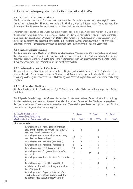 22 3. Bachelor-Studiengang Medizinische Dokumentation (BA MD ...