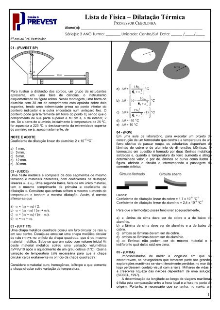 Lista De Fasica A Dilataa A O Ta C Rmica Lista De Fasica A Dilataa A O Ta C Rmica