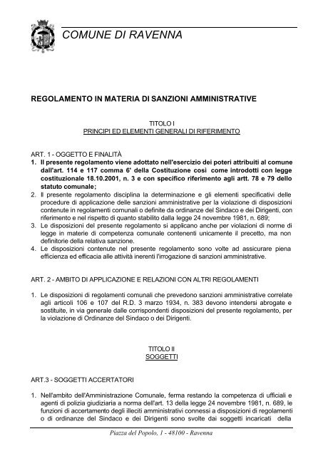 Regolamento in materia di sanzioni amministrative - Comune di ...