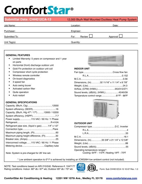 Chh012ca 13 Submittal Comfortstar