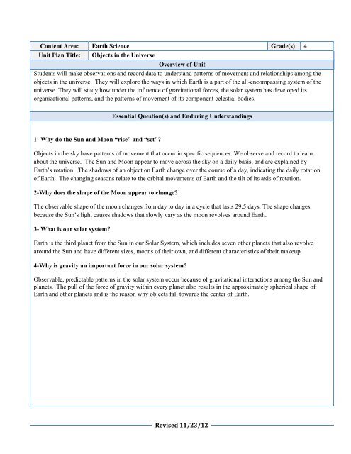 Grade 4 Earth Science Objects In The Universe Pdf