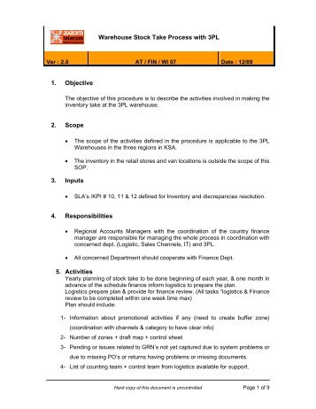 Warehouse Stock Take Process with 3PL 1. Objective 2. Scope 3 ...