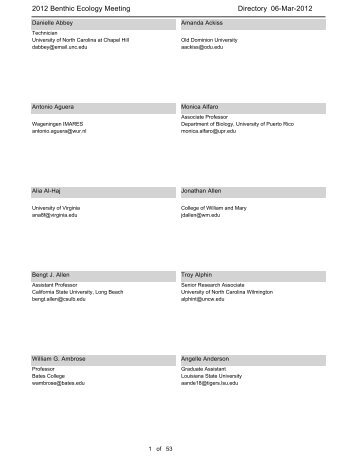 2012 Benthic Ecology Meeting 06-Mar-2012 Directory - College of ...