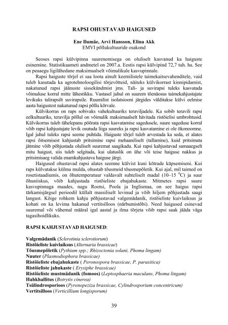 Rapsi ohustavad haigused