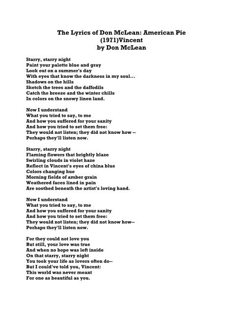 The Lyrics Of Don Mclean American Pie Phs Poteau K12 Ok Us