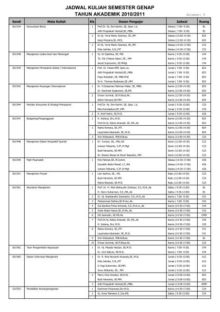 jadwal kuliah semester genap tahun akademik 2010/2011 - FE Unpad