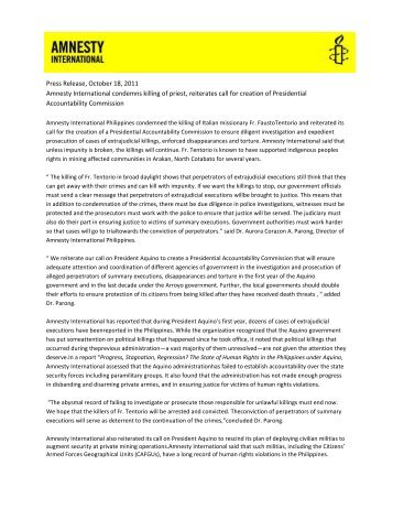 Press Release, October 18, 2011 Amnesty International condemns ...