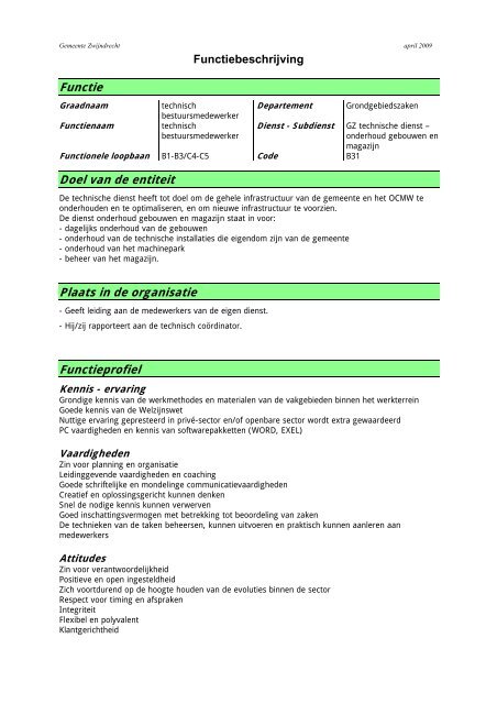Functie Doel van de entiteit Plaats in de organisatie Functieprofiel