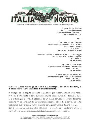 Sezione trentina Egregio Signor Sindaco del Comune di Roncegno ...