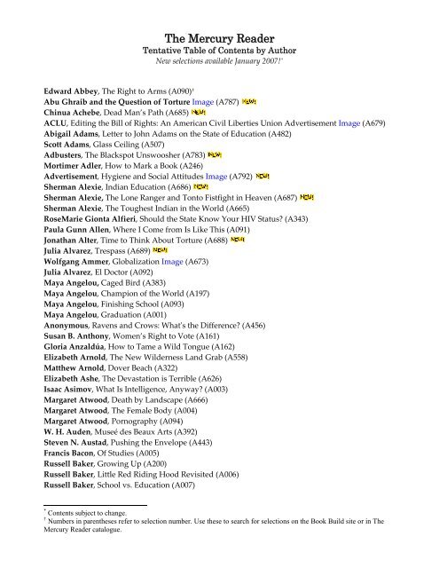 Annotated Table of Contents for The Mercury Reader 2002 edition