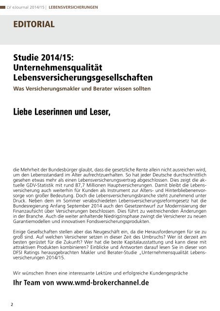 DFSI-STUDIE 2014/15: Qualitätsrating der Lebensversicherer