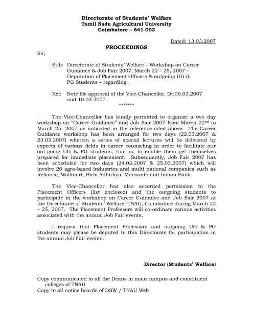 directorate of students welfare proceedings tnau agricultural career list