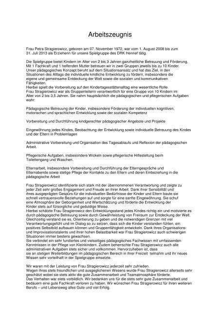 arbeitszeugnis kinderpflegerin befriedigend Arbeitszeugnis