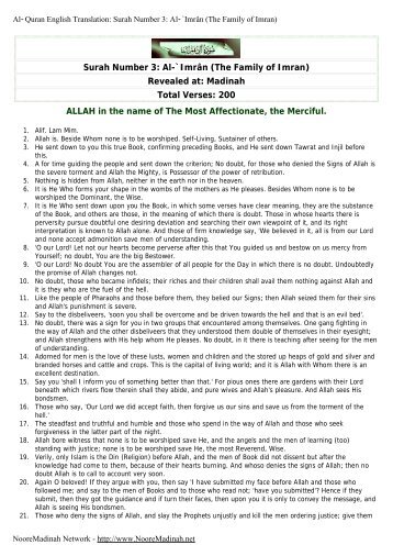 Surah Number 3: Al-`ImrÃ¢n (The Family of Imran) - Noore Madinah ...