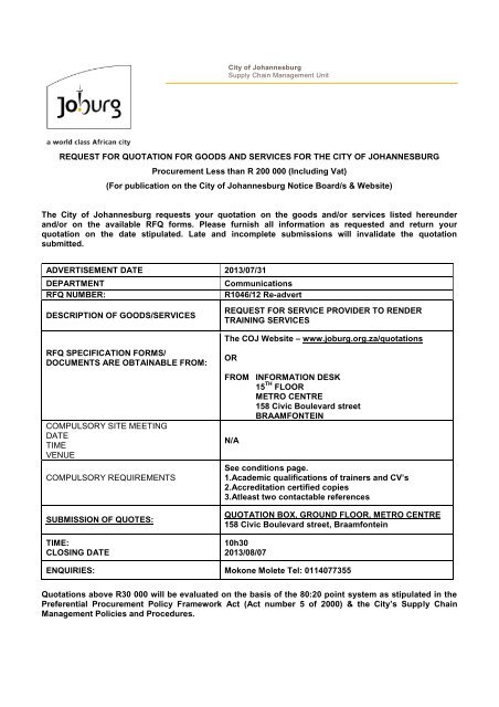 REQUEST FOR QUOTATION FOR GOODS AND ... - Joburg