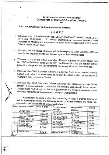 Re-adjustment of female promotee Masters Dated 15-11-2011