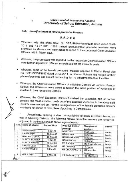 Re-adjustment of female promotee Masters Dated 15-11-2011