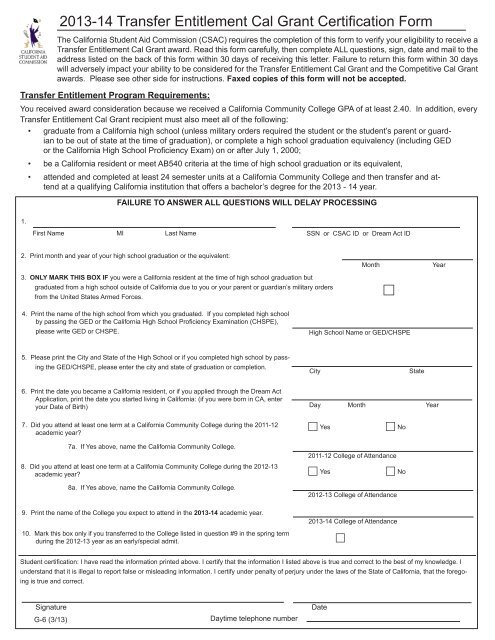 2013-14 Transfer Entitlement Cal Grant Certification Form - CSAC ...