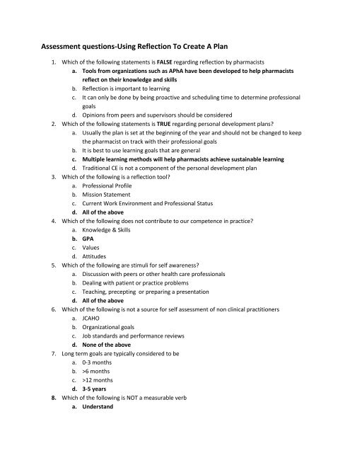 Assessment questions-Using Reflection To Create A Plan