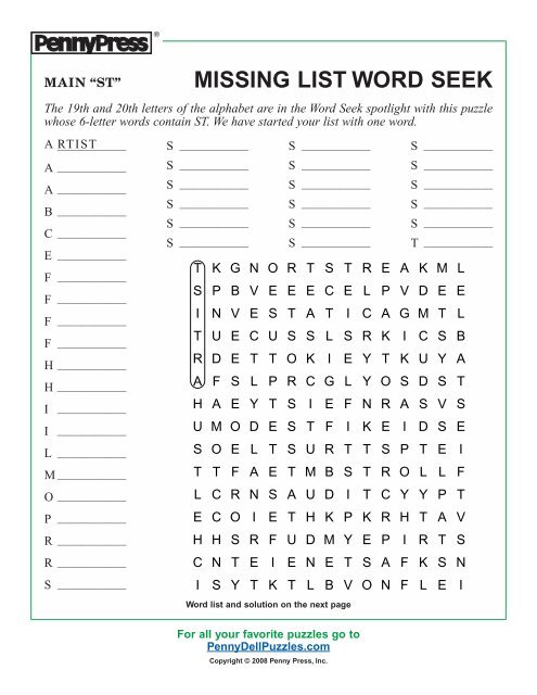 Missing List WS - PennyDellPuzzles Missing List WS - PennyDellPuzzles