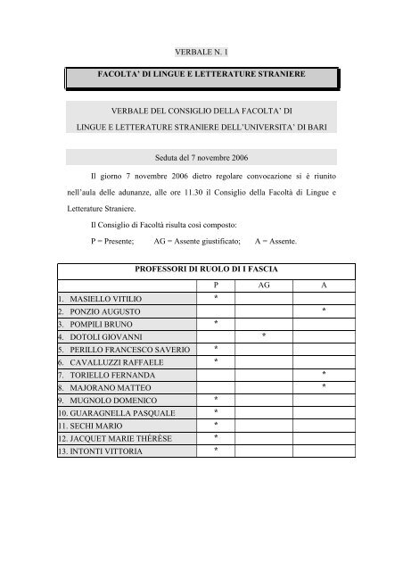 verbale n. 1 facolta - Lingue e Letterature Straniere