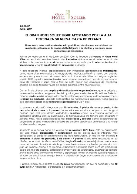 El GHS presenta su nueva carta de verano - Gran Hotel SÃ³ller