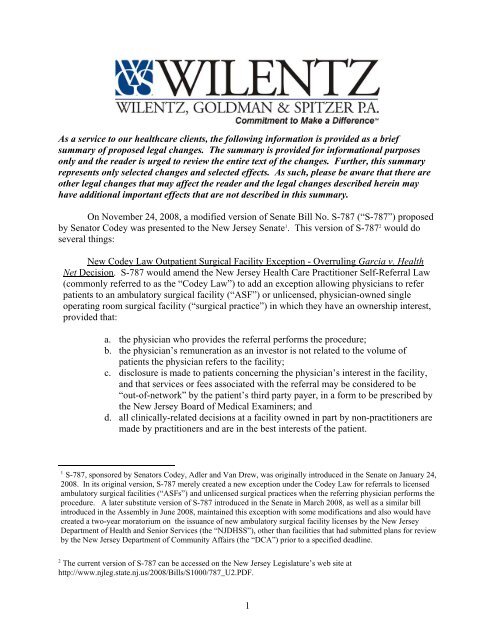 New Codey Law Outpatient Surgical Facility Exception - Wilentz ...