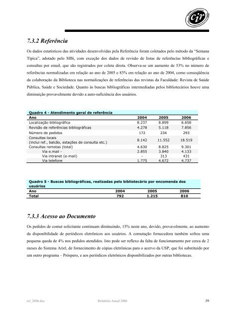 2006 - Biblioteca/Centro de InformaÃ§Ã£o e ReferÃªncia em SaÃºde ...