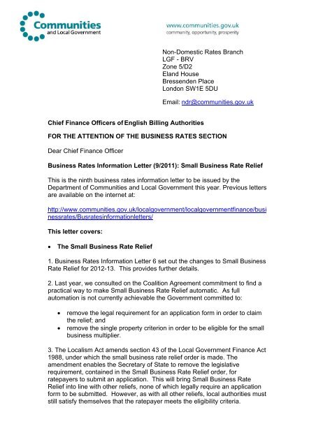 Business Rates Information Letter 09/2011 - Gov.uk