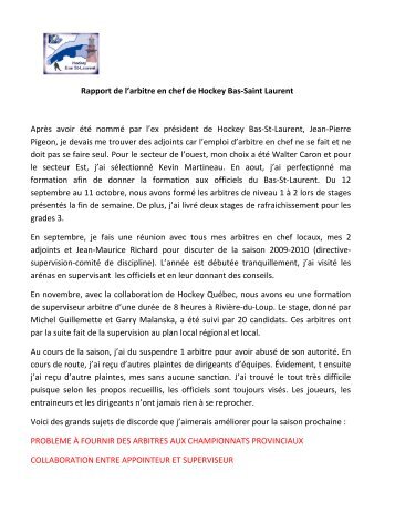 Rapport de l'arbitre en chef de Hockey Bas-Saint Laurent AprÃ¨s ...