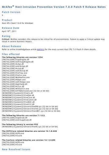 Host Intrusion Prevention 7.0.0 Patch 9 Release Notes - McAfee