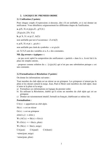 1 2. LOGIQUE DU PREMIER ORDRE 2.1 Unification (3 points) Pour ...