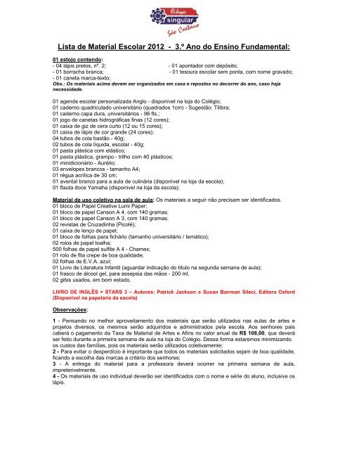 Lista de Material Escolar 2012 - 3.º Ano do Ensino Fundamental: