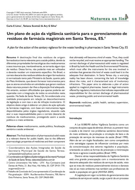 Um plano de ação da vigilância sanitária para o ... - Natureza on line