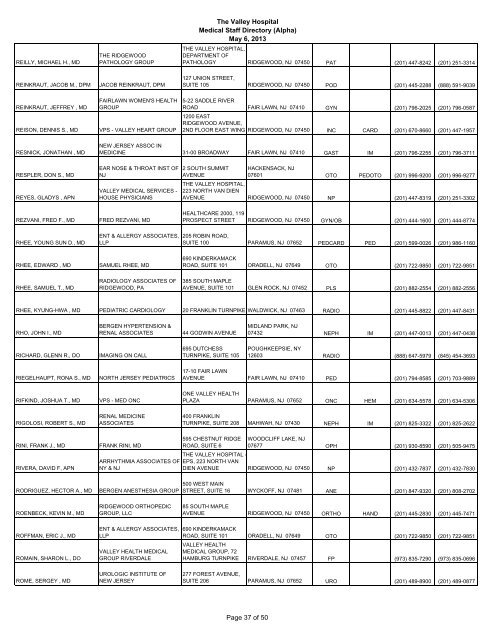 Medical Staff Roster Alpha - Valley Hospital