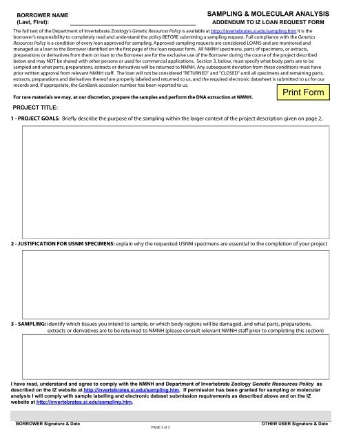 Request Form - Department of Invertebrate Zoology