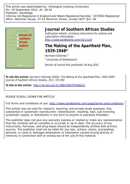 The Making of the Apartheid Plan, 1929-1948* - CC