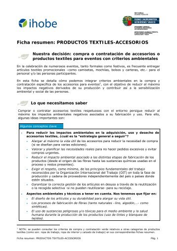 Ficha resumen: PRODUCTOS TEXTILES-ACCESORIOS - Ihobe