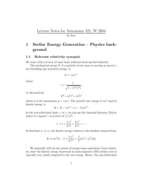 Lecture Notes for Astronomy 321, W 2004 1 Stellar Energy ...