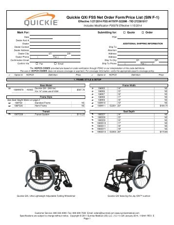 Quickie QXI FSS Net Order Form/Price List (SIN F-1) - Sunrise Medical