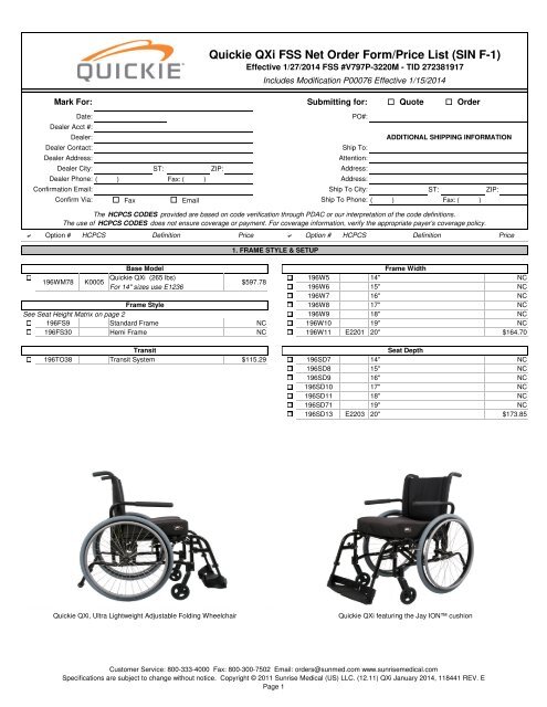 Quickie QXI FSS Net Order Form/Price List (SIN F-1) - Sunrise Medical